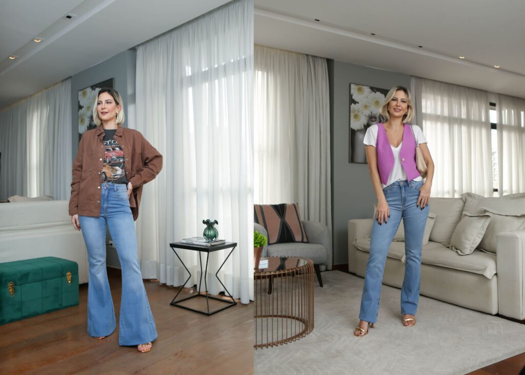 Montagem de dois looks com jeans azul claro em uma sala: jaqueta marrom à esquerda e colete lilás sobre blusa branca à direita.
