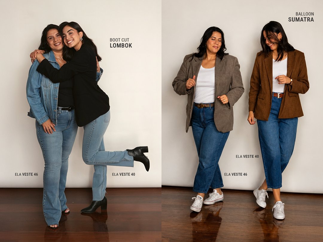 Montagem de looks com jeans claro e jaquetas à esquerda, jeans azul, blazers e tênis à direita; rótulos Boot Cut Lombok e Balloon Sumatra, com tamanhos 46 e 40 em cada metade.